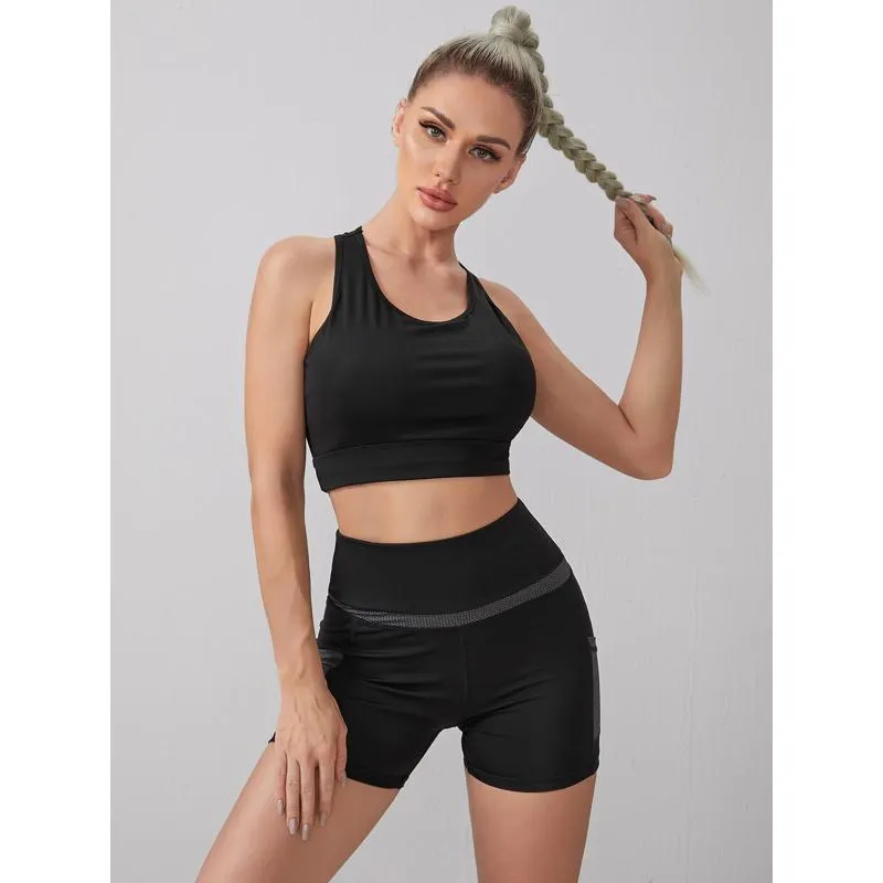 High-Waisted Yoga Running Sports Fitness Pocket Patchwork Sports Shorts