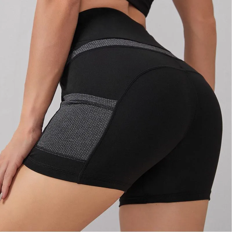 High-Waisted Yoga Running Sports Fitness Pocket Patchwork Sports Shorts