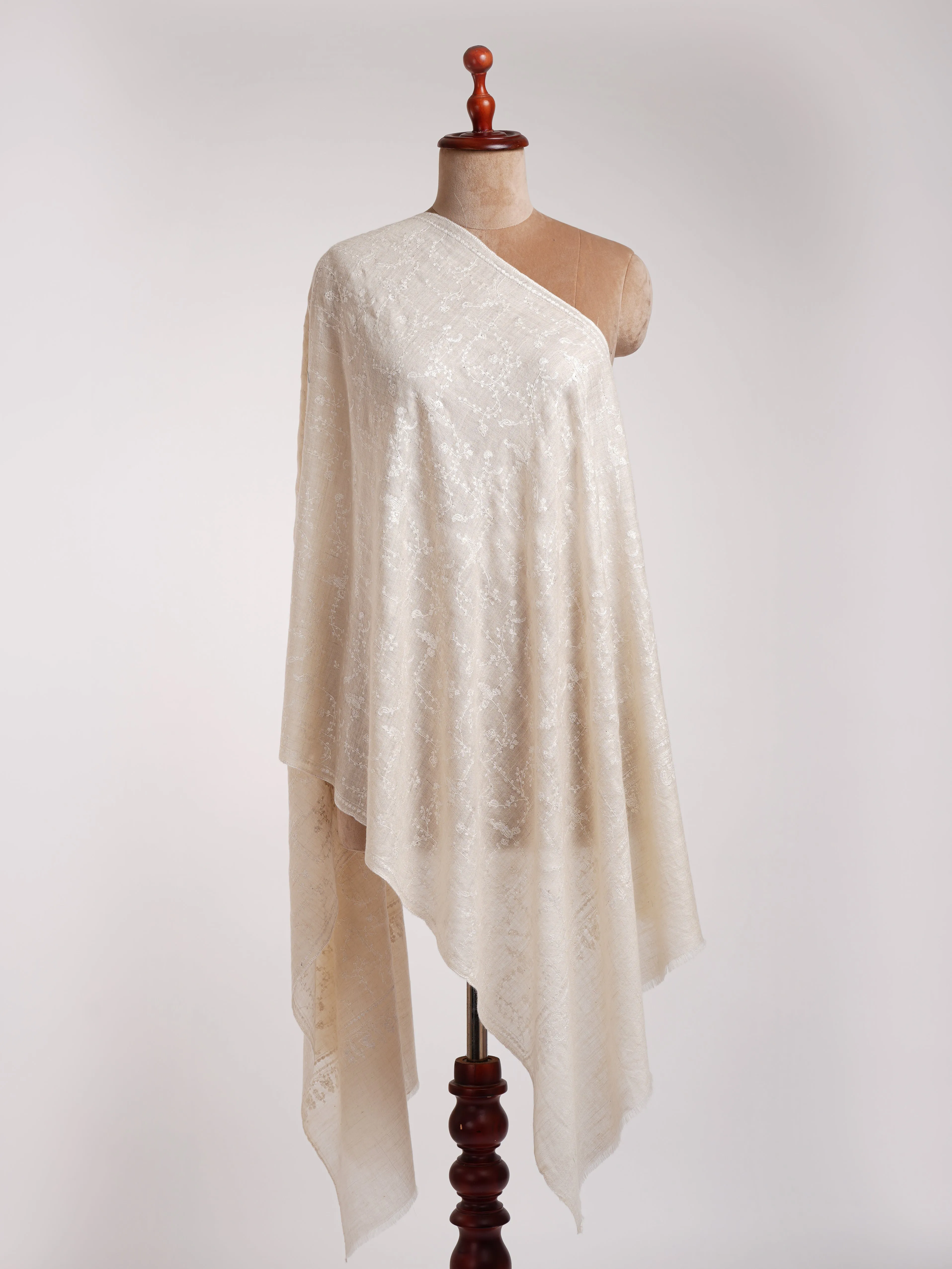 Ivory Cashmere Embroidered Scarf with White Embroidery.