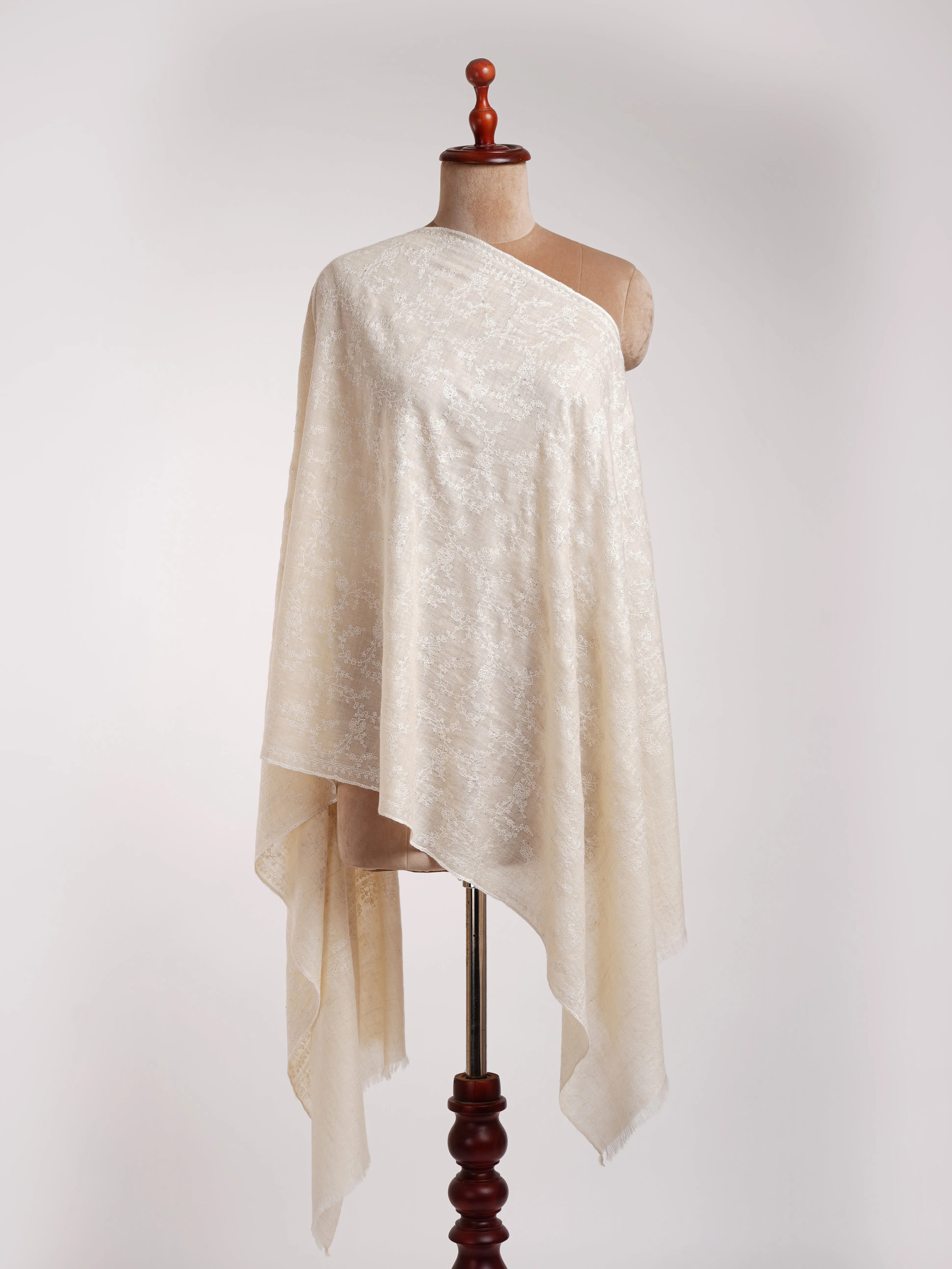 Ivory Cashmere Embroidered Scarf with White Embroidery.