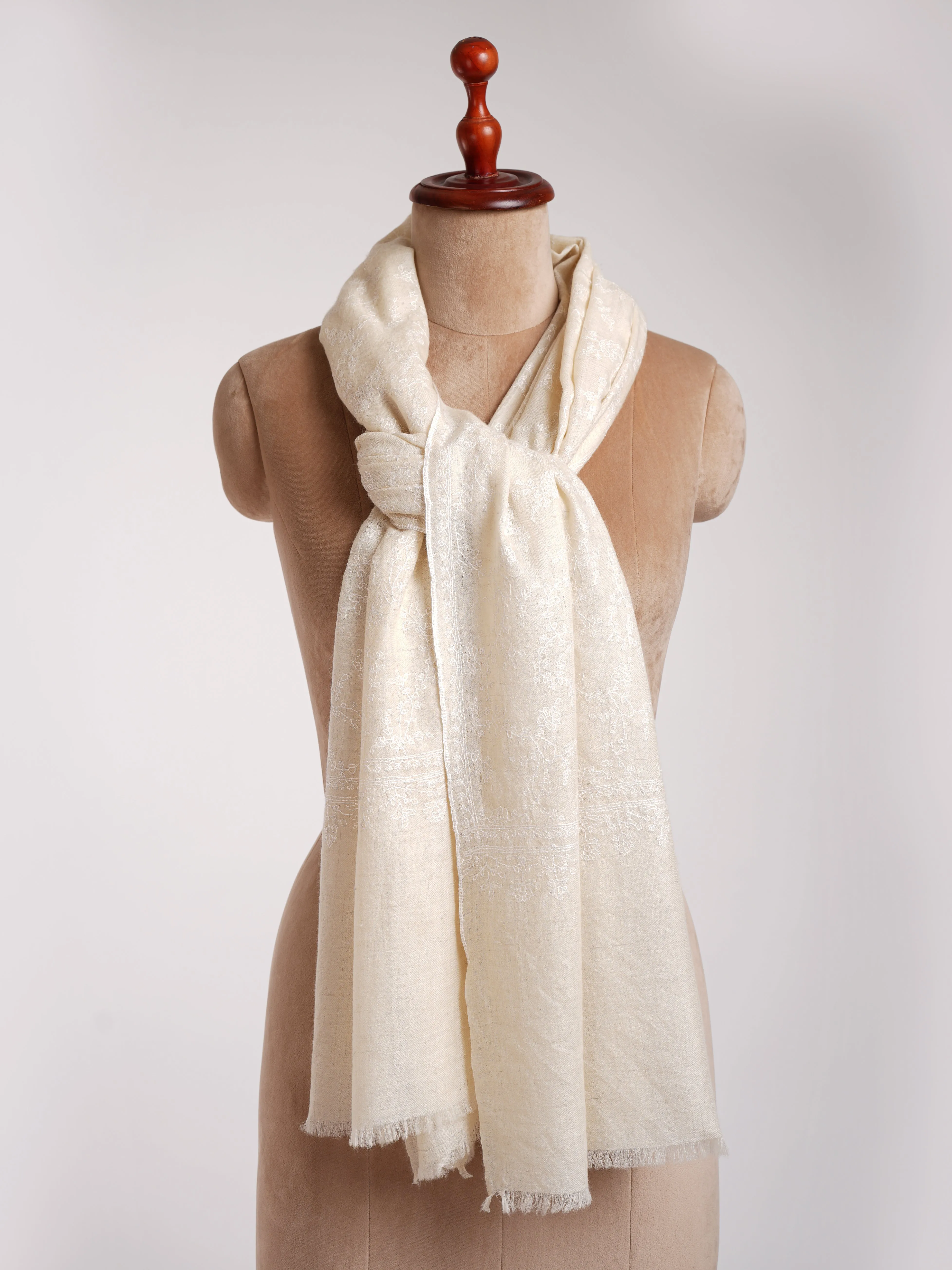 Ivory Cashmere Embroidered Scarf with White Embroidery.