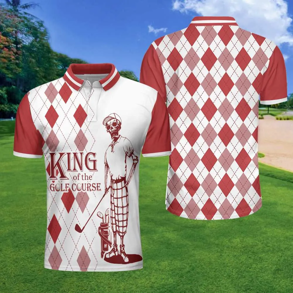 King Of The Golf Course Golf Polo Shirt, Red Argyle Pattern Skeleton Golfer Polo Shirt, Best Golf Shirt For Men Coolspod