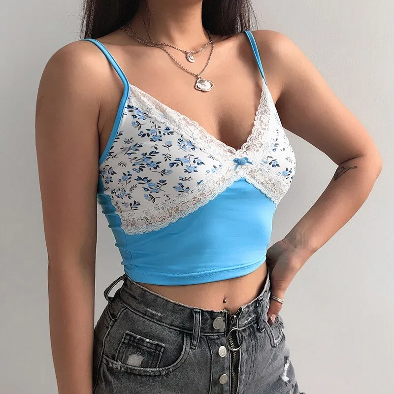 Lace Edge Small Flower Cute Crop Tops V Neck Slim Sexy Tank Top Sleeveless