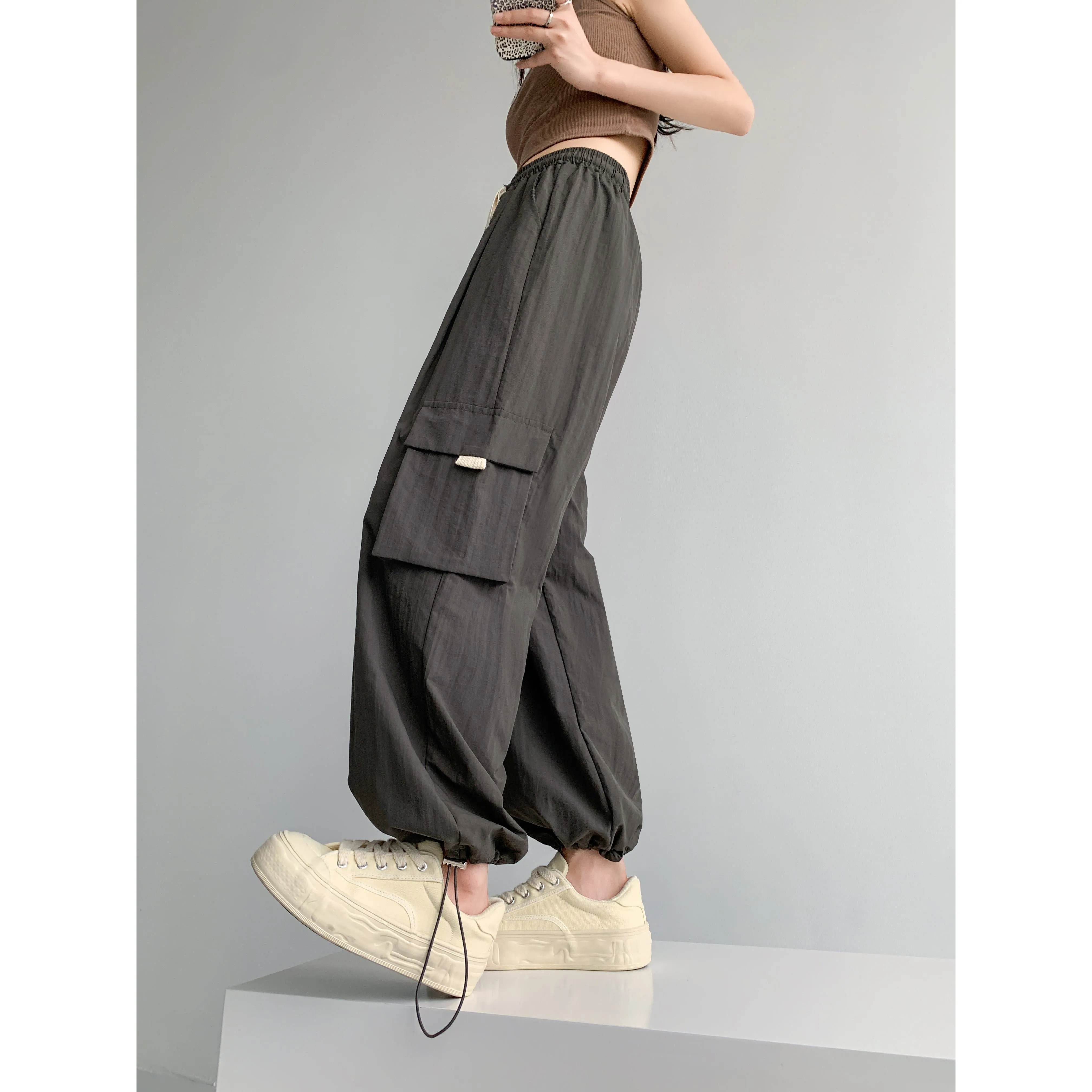 Loose-Fit Casual Silky High-Waisted Multi-Pocket Quick-Drying Sash Wide-Leg Cargo Pants