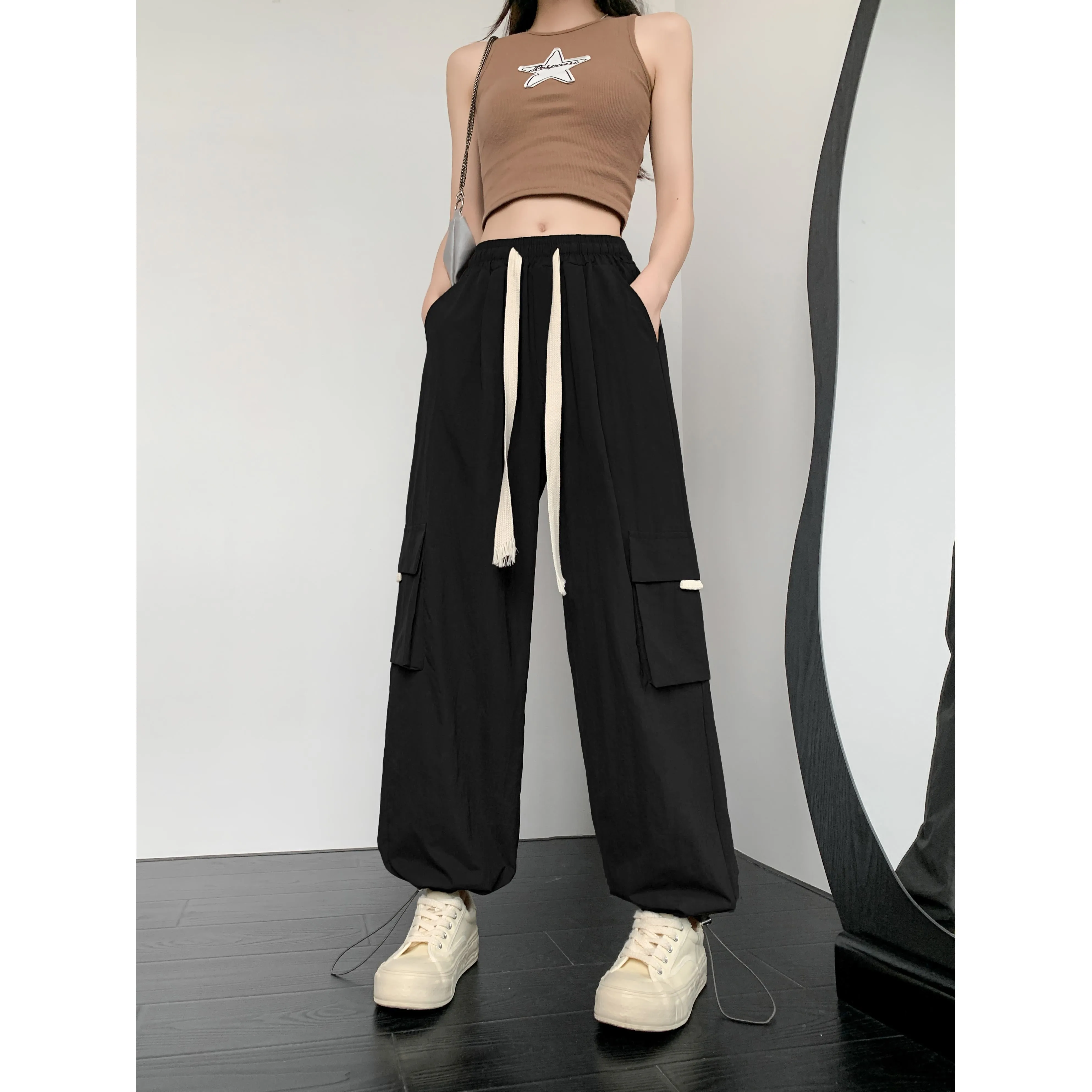 Loose-Fit Casual Silky High-Waisted Multi-Pocket Quick-Drying Sash Wide-Leg Cargo Pants