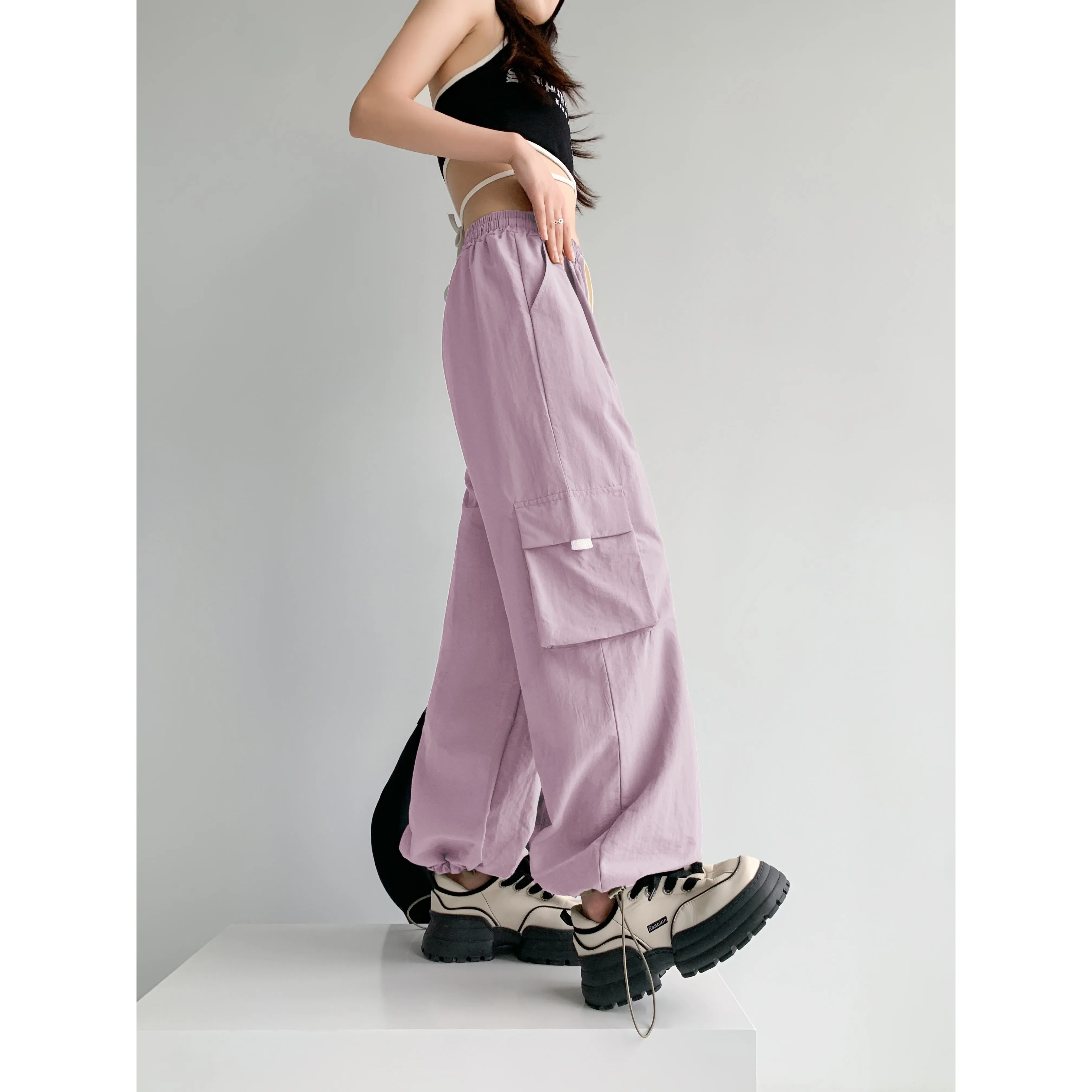 Loose-Fit Casual Silky High-Waisted Multi-Pocket Quick-Drying Sash Wide-Leg Cargo Pants