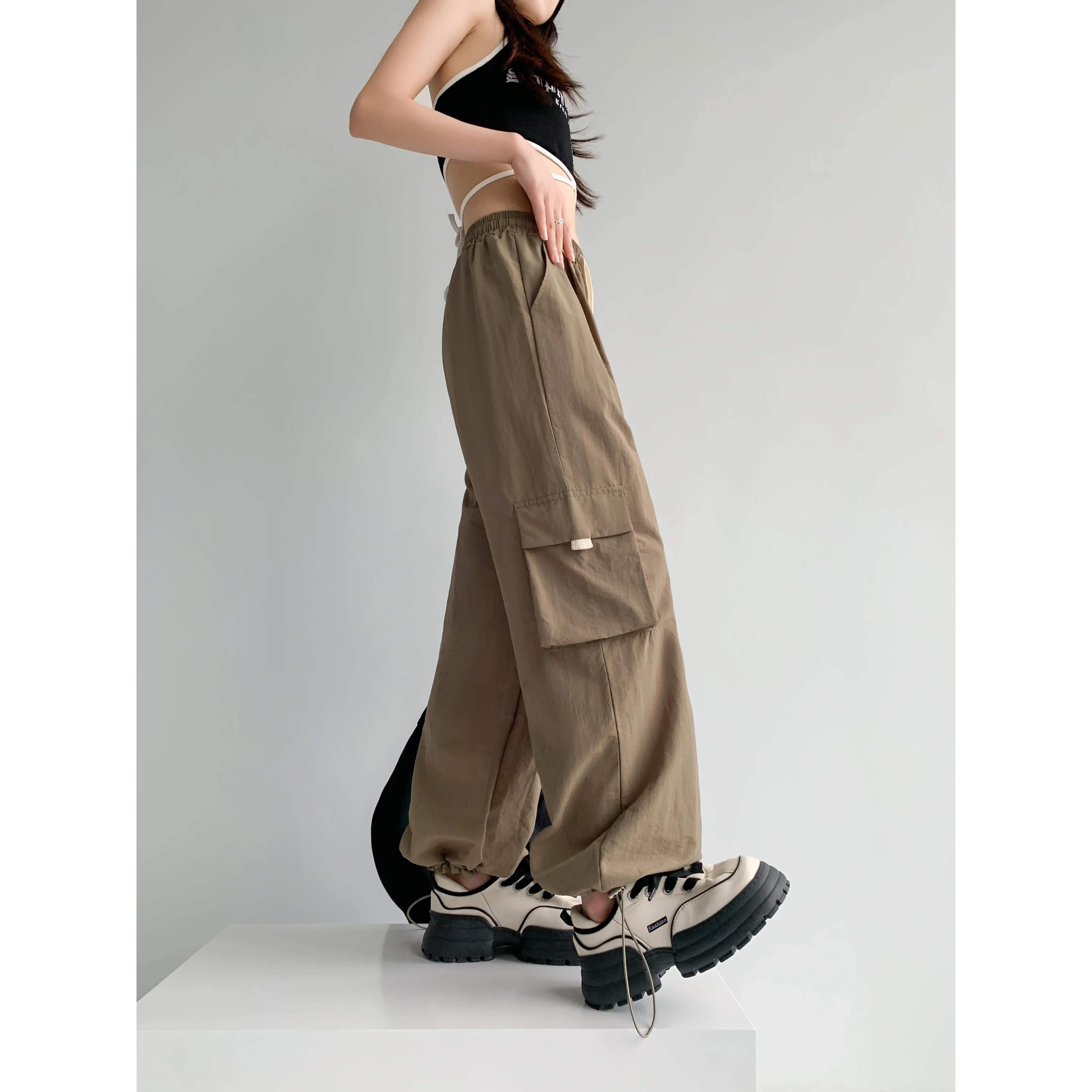 Loose-Fit Casual Silky High-Waisted Multi-Pocket Quick-Drying Sash Wide-Leg Cargo Pants