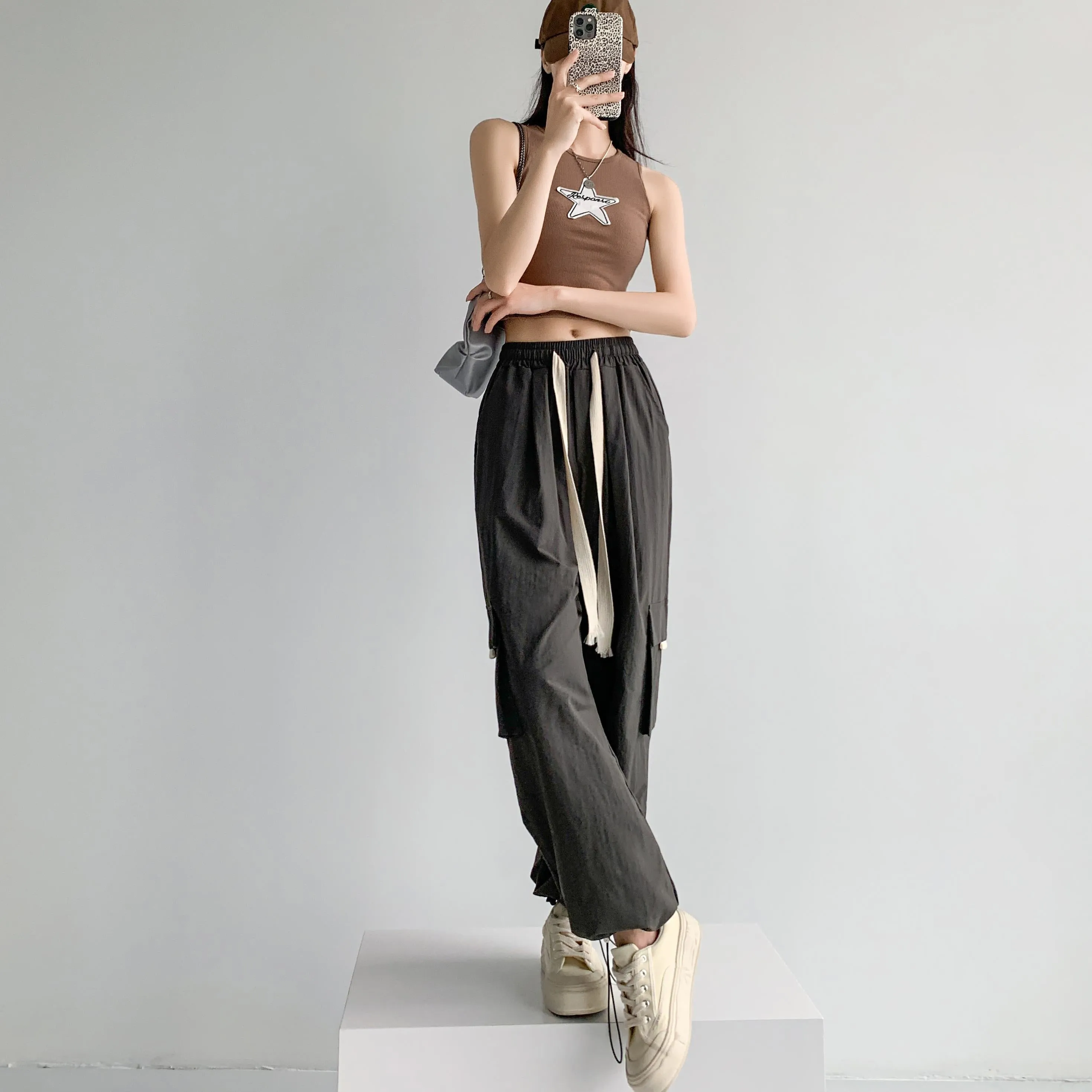 Loose-Fit Casual Silky High-Waisted Multi-Pocket Quick-Drying Sash Wide-Leg Cargo Pants