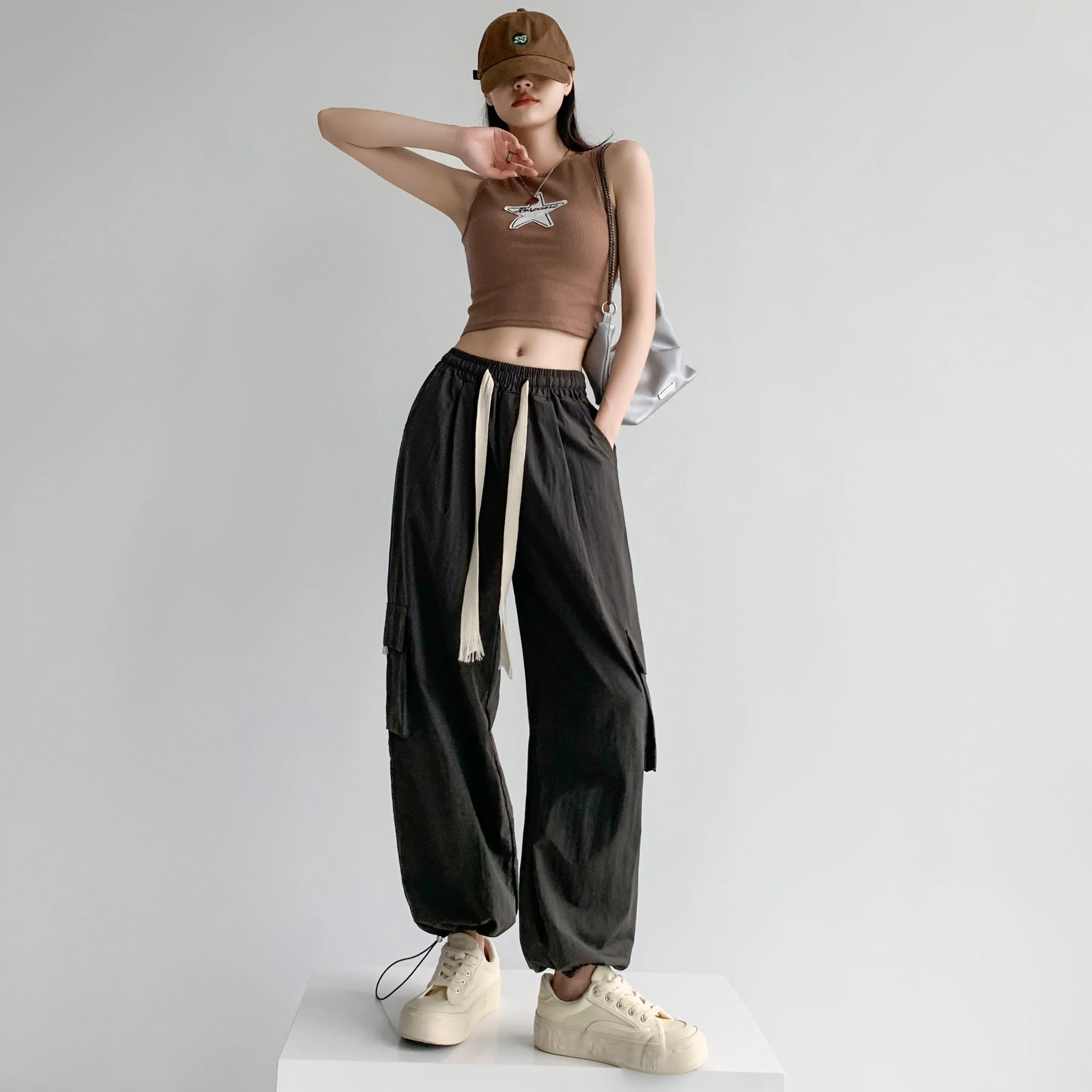 Loose-Fit Casual Silky High-Waisted Multi-Pocket Quick-Drying Sash Wide-Leg Cargo Pants