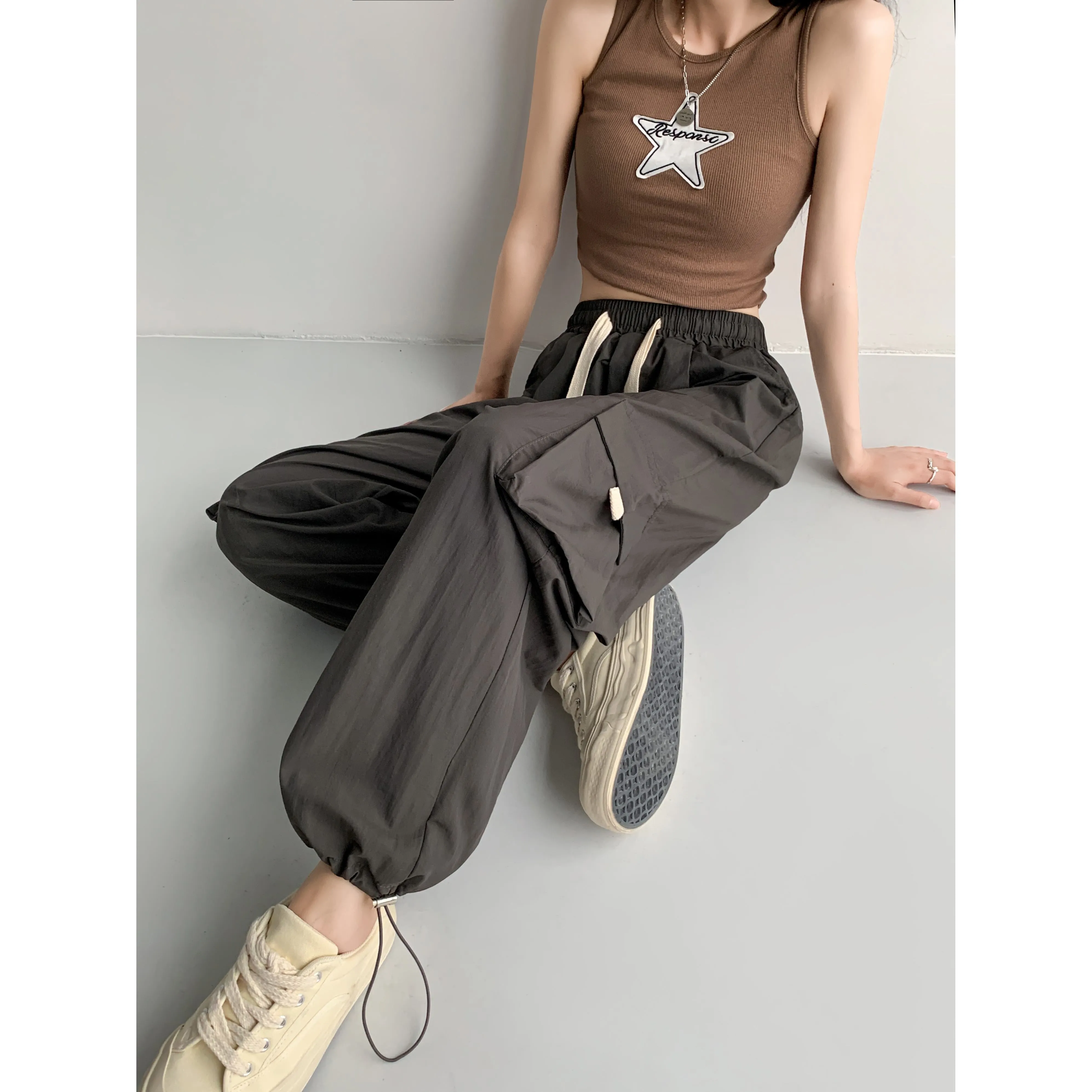 Loose-Fit Casual Silky High-Waisted Multi-Pocket Quick-Drying Sash Wide-Leg Cargo Pants