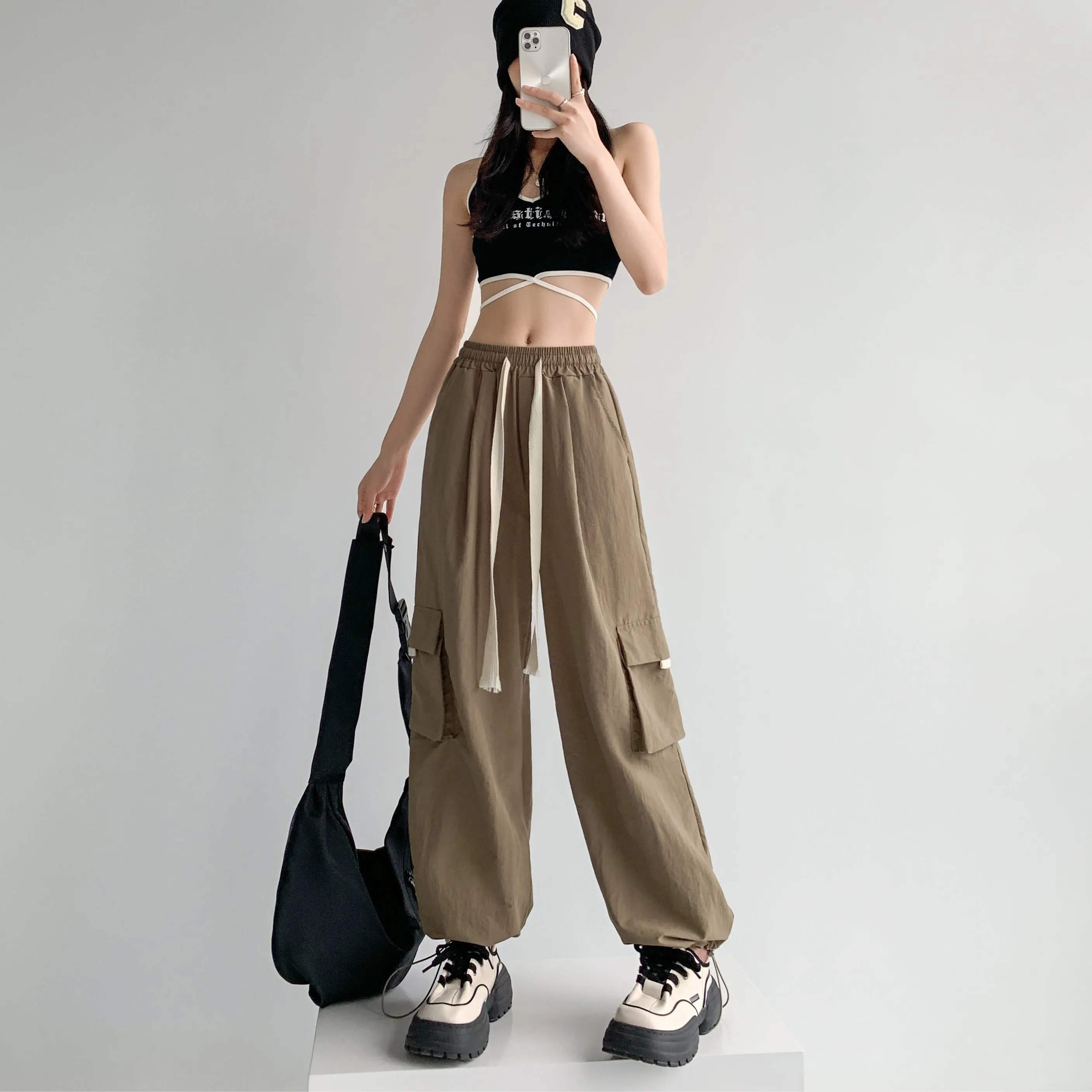 Loose-Fit Casual Silky High-Waisted Multi-Pocket Quick-Drying Sash Wide-Leg Cargo Pants