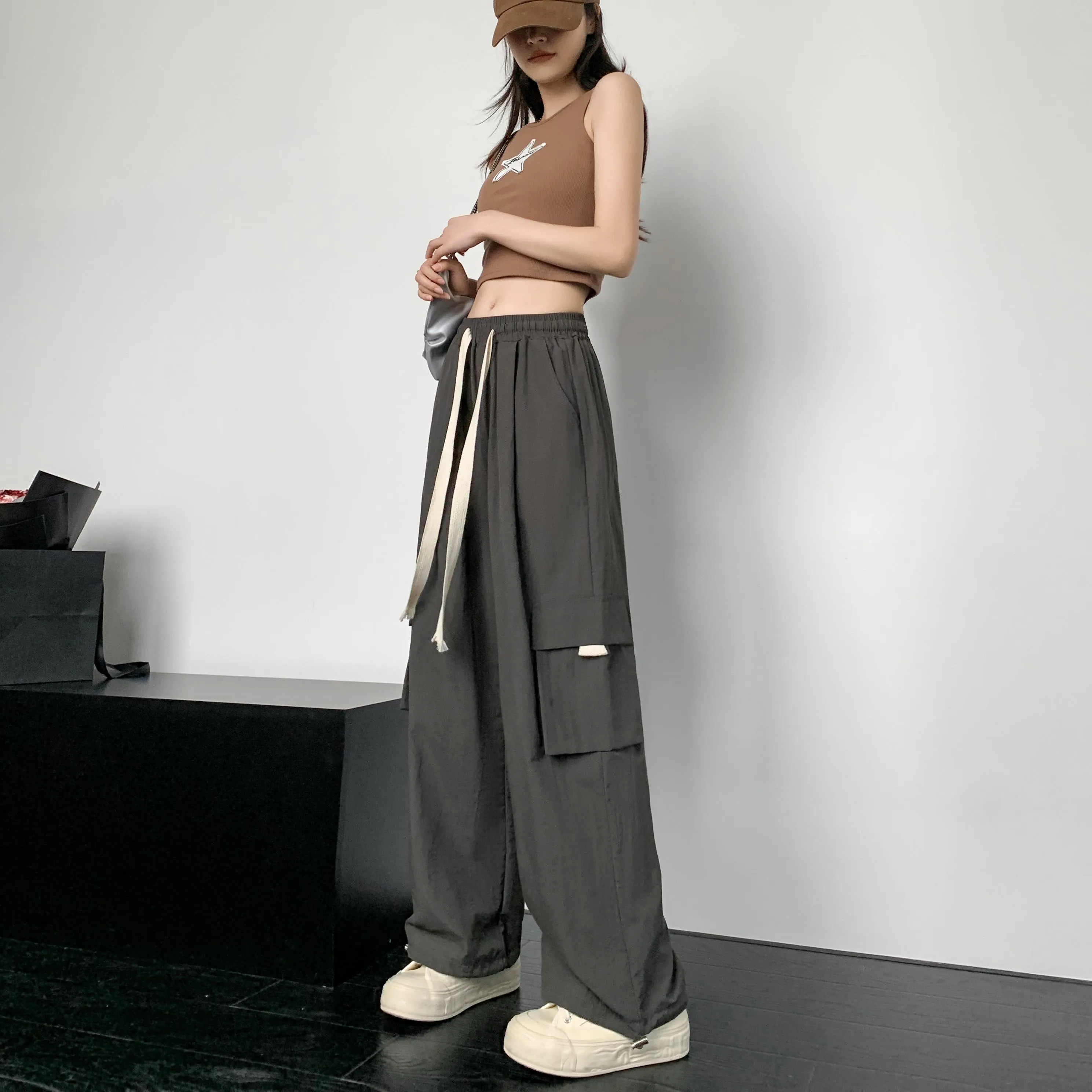 Loose-Fit Casual Silky High-Waisted Multi-Pocket Quick-Drying Sash Wide-Leg Cargo Pants