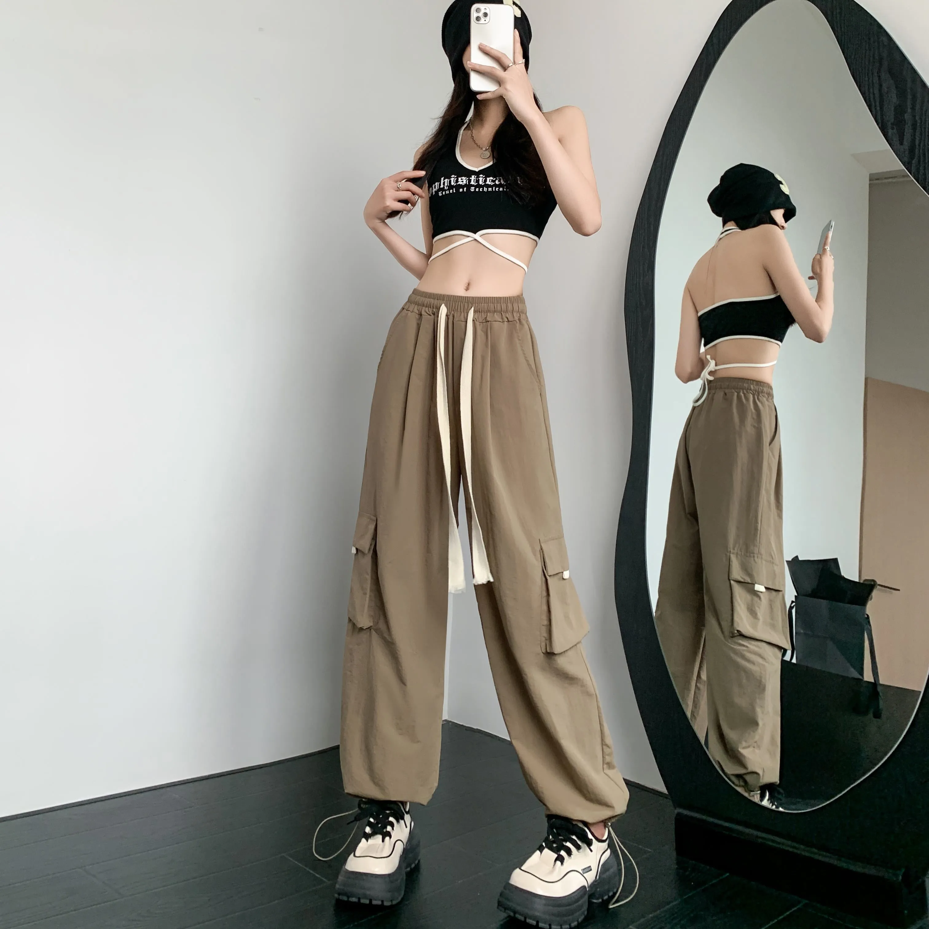 Loose-Fit Casual Silky High-Waisted Multi-Pocket Quick-Drying Sash Wide-Leg Cargo Pants