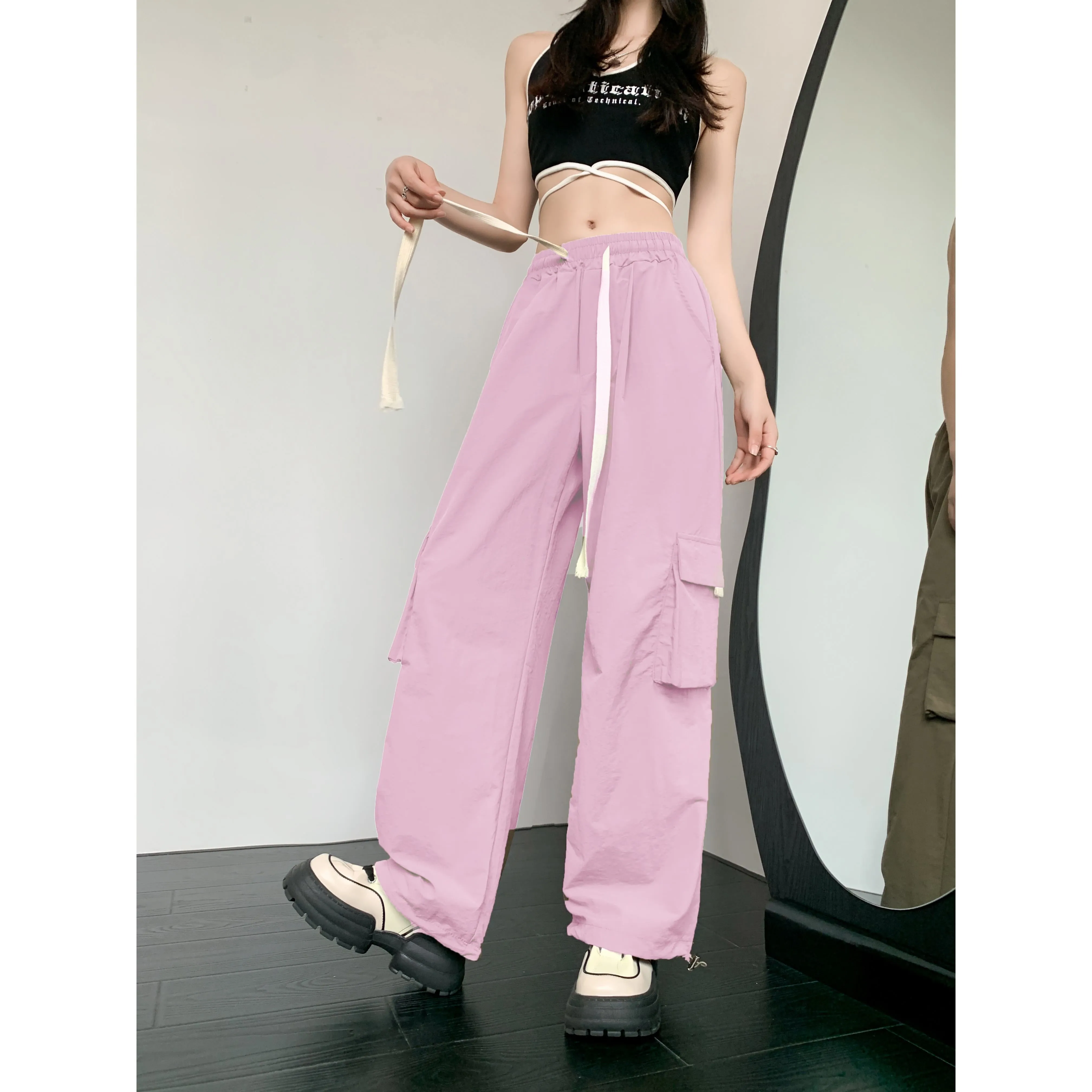 Loose-Fit Casual Silky High-Waisted Multi-Pocket Quick-Drying Sash Wide-Leg Cargo Pants