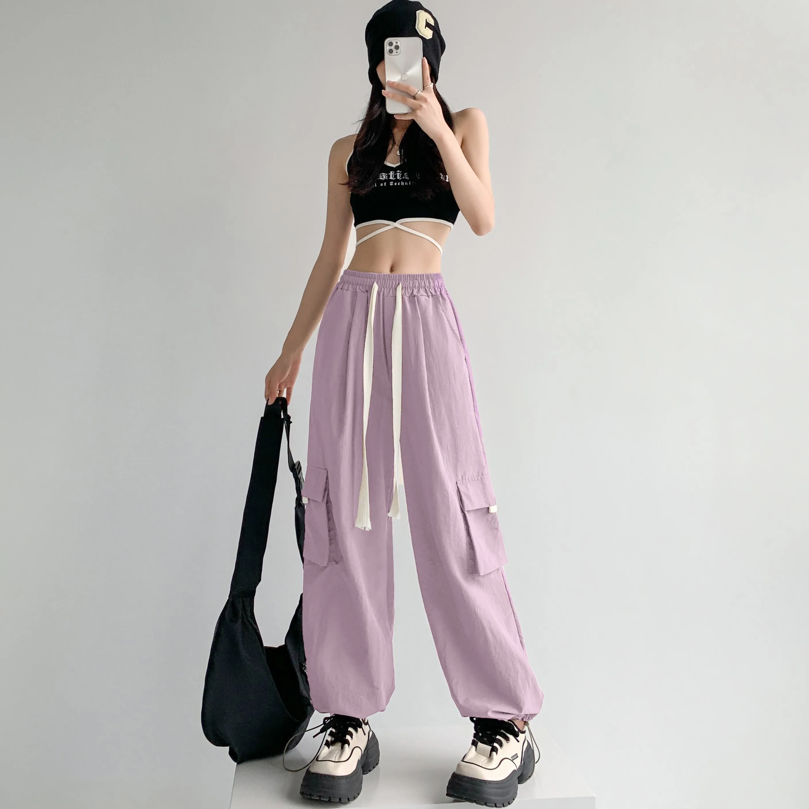 Loose-Fit Casual Silky High-Waisted Multi-Pocket Quick-Drying Sash Wide-Leg Cargo Pants