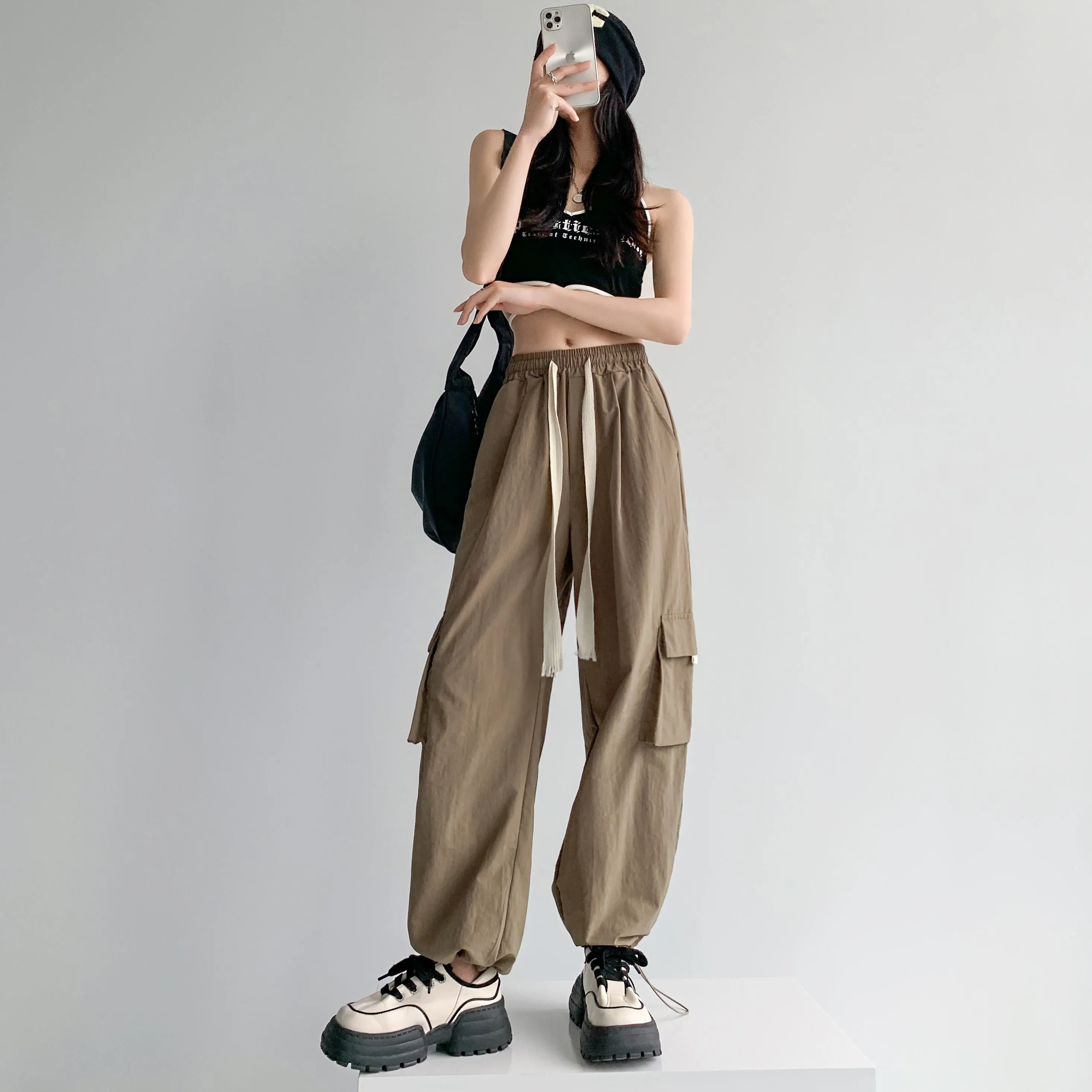 Loose-Fit Casual Silky High-Waisted Multi-Pocket Quick-Drying Sash Wide-Leg Cargo Pants