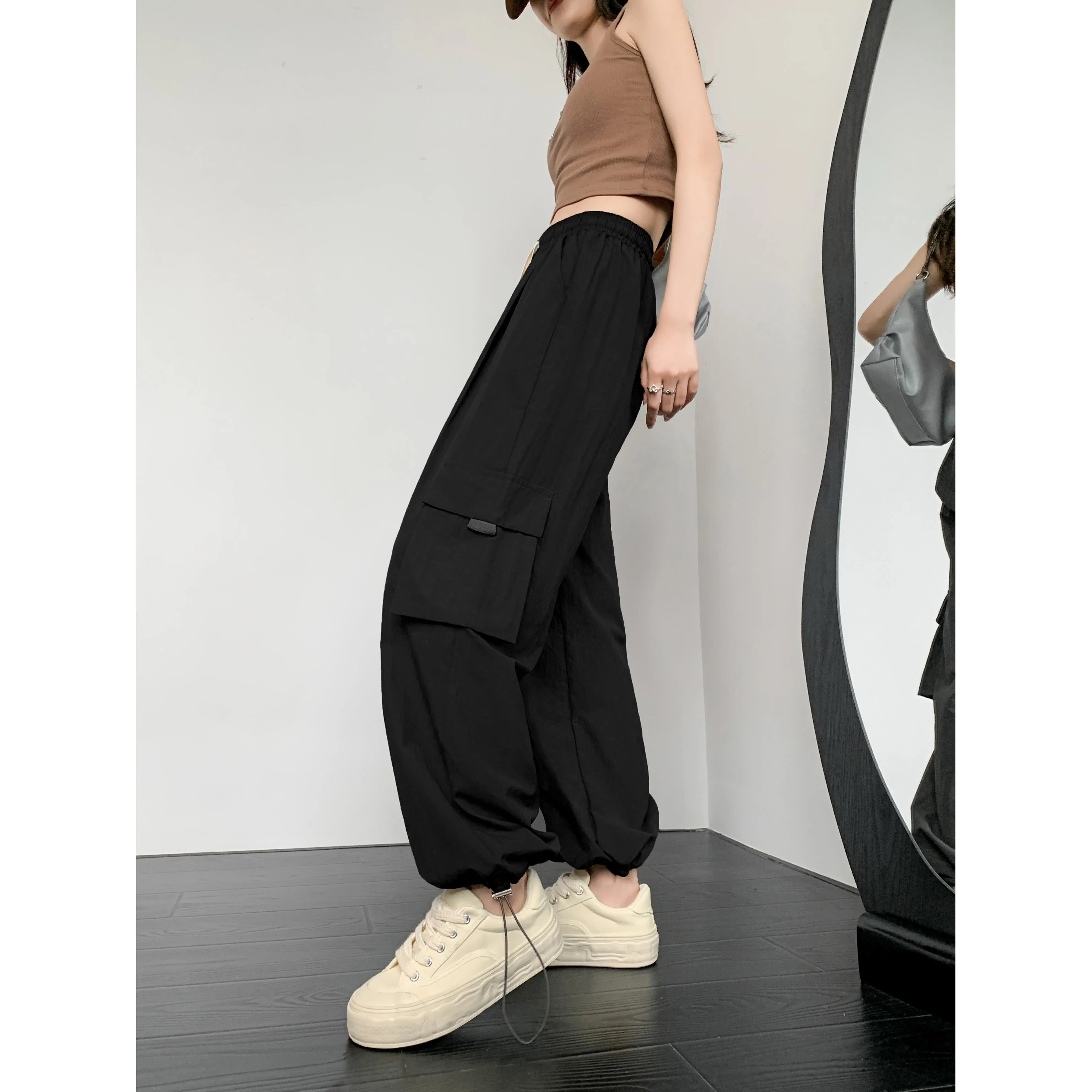 Loose-Fit Casual Silky High-Waisted Multi-Pocket Quick-Drying Sash Wide-Leg Cargo Pants