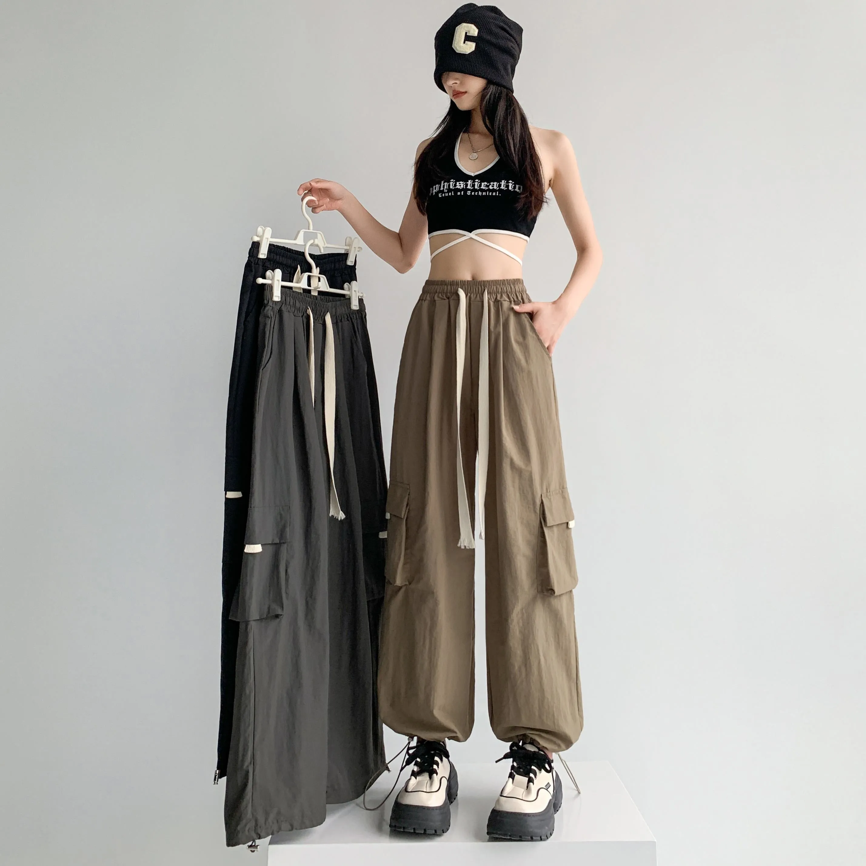 Loose-Fit Casual Silky High-Waisted Multi-Pocket Quick-Drying Sash Wide-Leg Cargo Pants