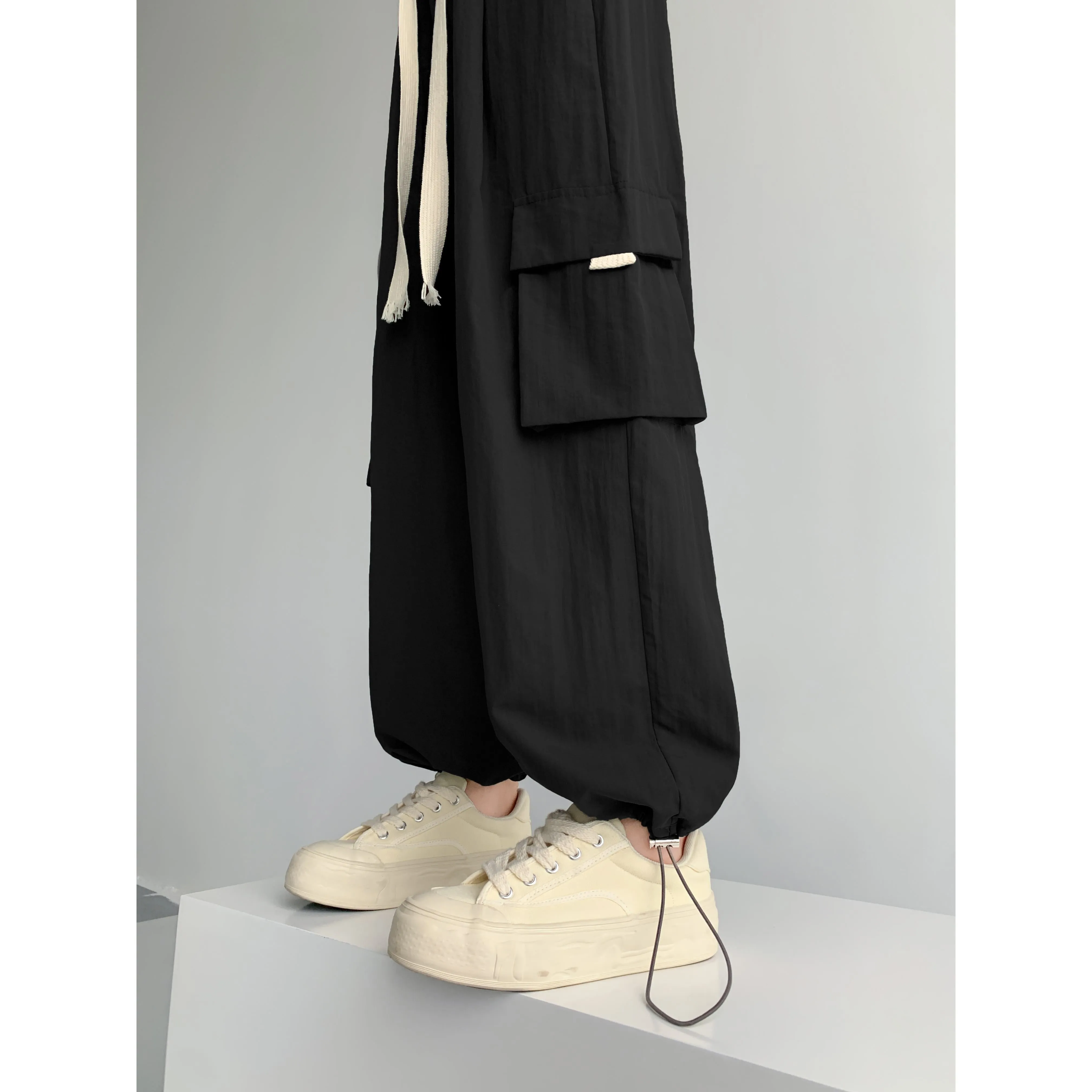 Loose-Fit Casual Silky High-Waisted Multi-Pocket Quick-Drying Sash Wide-Leg Cargo Pants