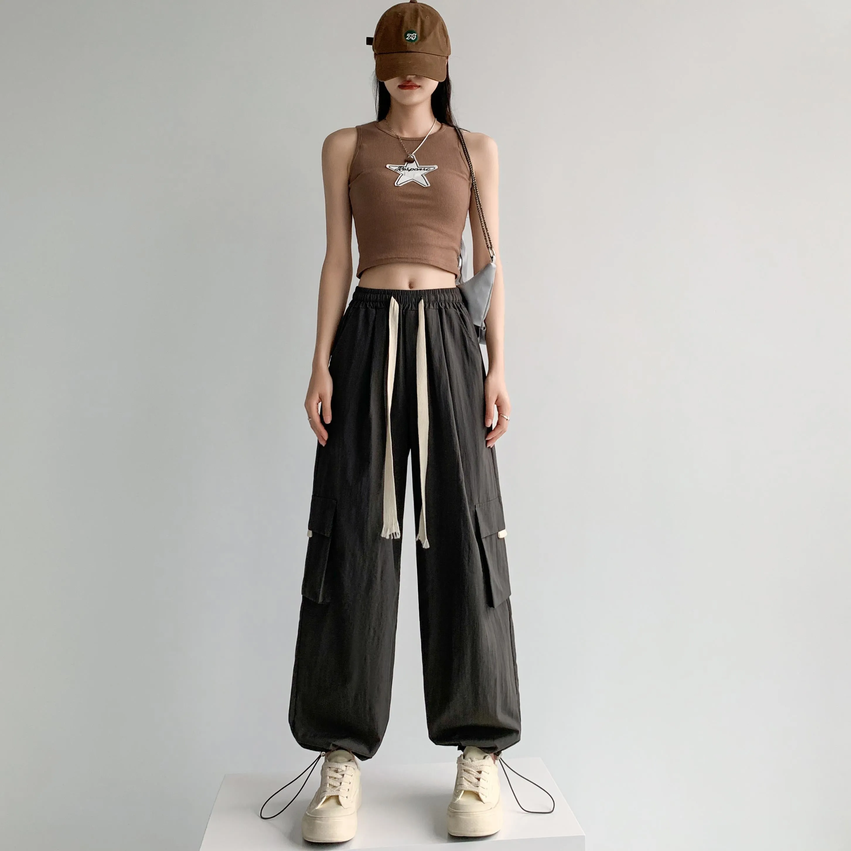 Loose-Fit Casual Silky High-Waisted Multi-Pocket Quick-Drying Sash Wide-Leg Cargo Pants