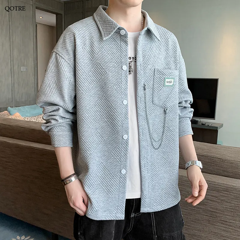 Loose Fit Patched Pocket Spread Collar Long Sleeve Shirt