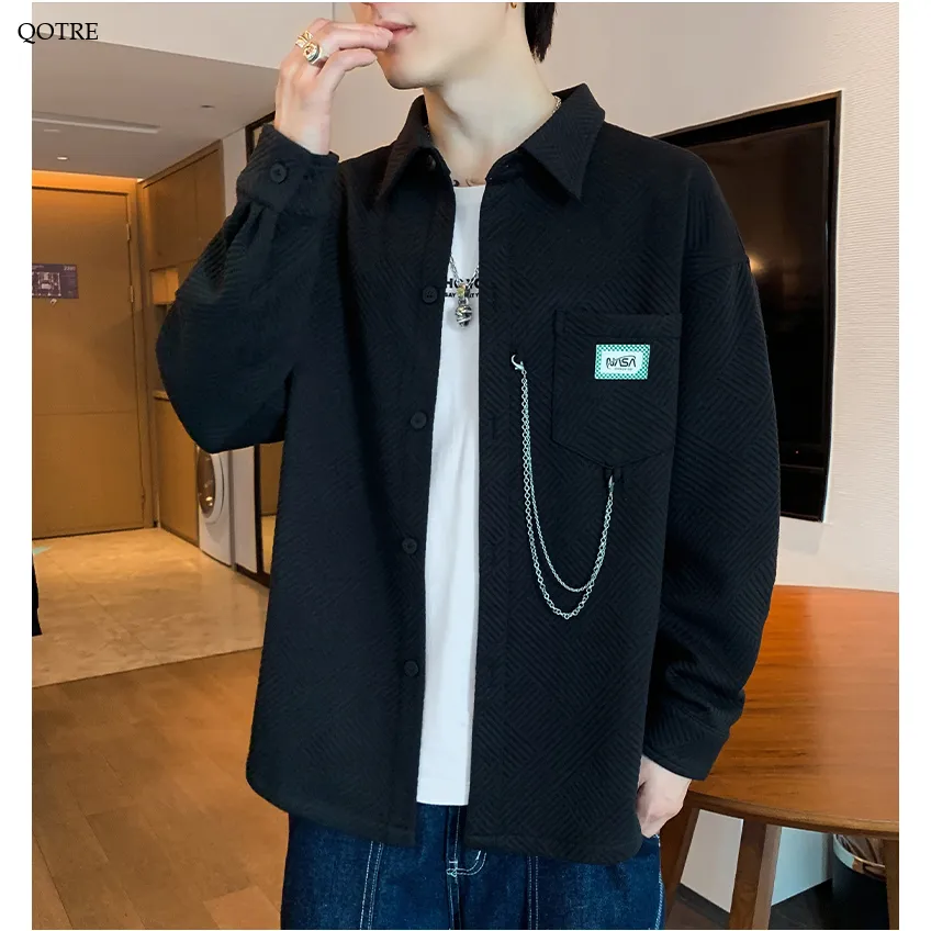 Loose Fit Patched Pocket Spread Collar Long Sleeve Shirt