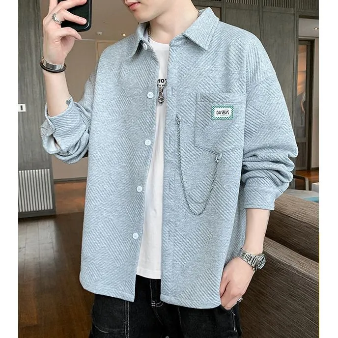 Loose Fit Patched Pocket Spread Collar Long Sleeve Shirt