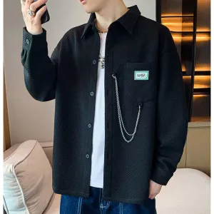 Loose Fit Patched Pocket Spread Collar Long Sleeve Shirt