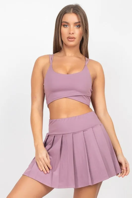 Medium Purple Overlapping Crop Top & Pleated Tennis Skirts Set