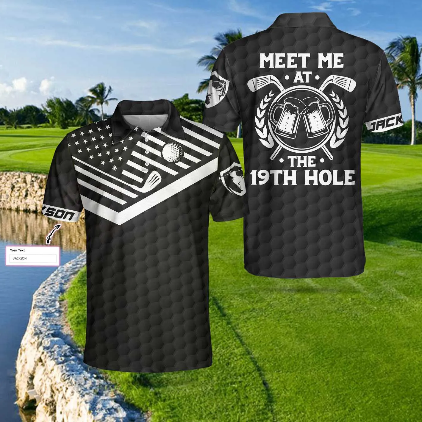 Meet Me At The 19Th Hole Golf Custom Polo Shirt, Personalized Black American Flag Golf Shirt For Men Coolspod