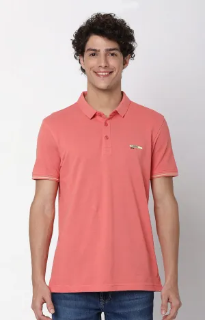 Men Premium Dusty Coral Cotton Regular Fit Polo T-Shirt - Underjeans By Spykar