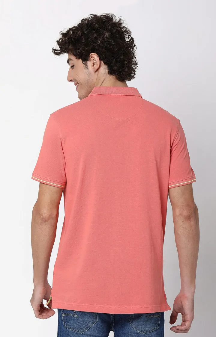 Men Premium Dusty Coral Cotton Regular Fit Polo T-Shirt - Underjeans By Spykar