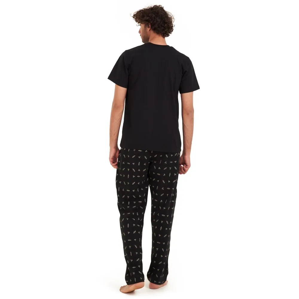 Men summer pajama set Black t-shirt  Black leaves Pants