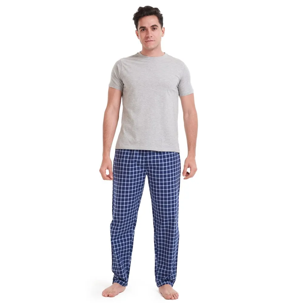 Men summer pajama set Grey T-shirt   Dark Blue x Grey Checkered pants