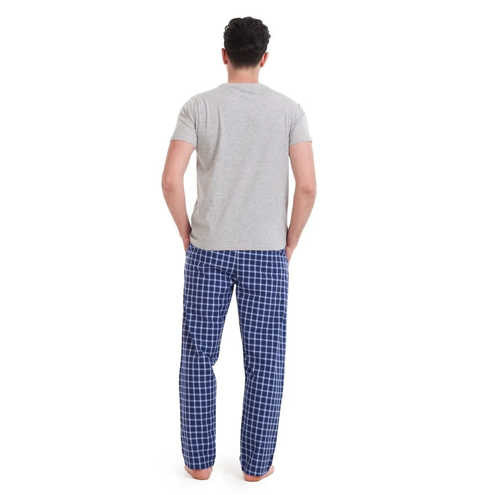 Men summer pajama set Grey T-shirt   Dark Blue x Grey Checkered pants