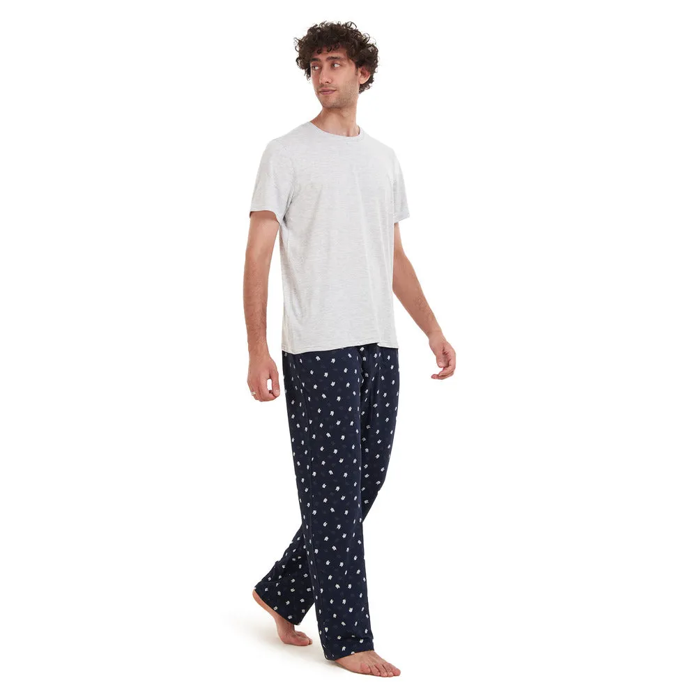 Men summer pajama set Light Grey T-shirt   Black Leaves pants