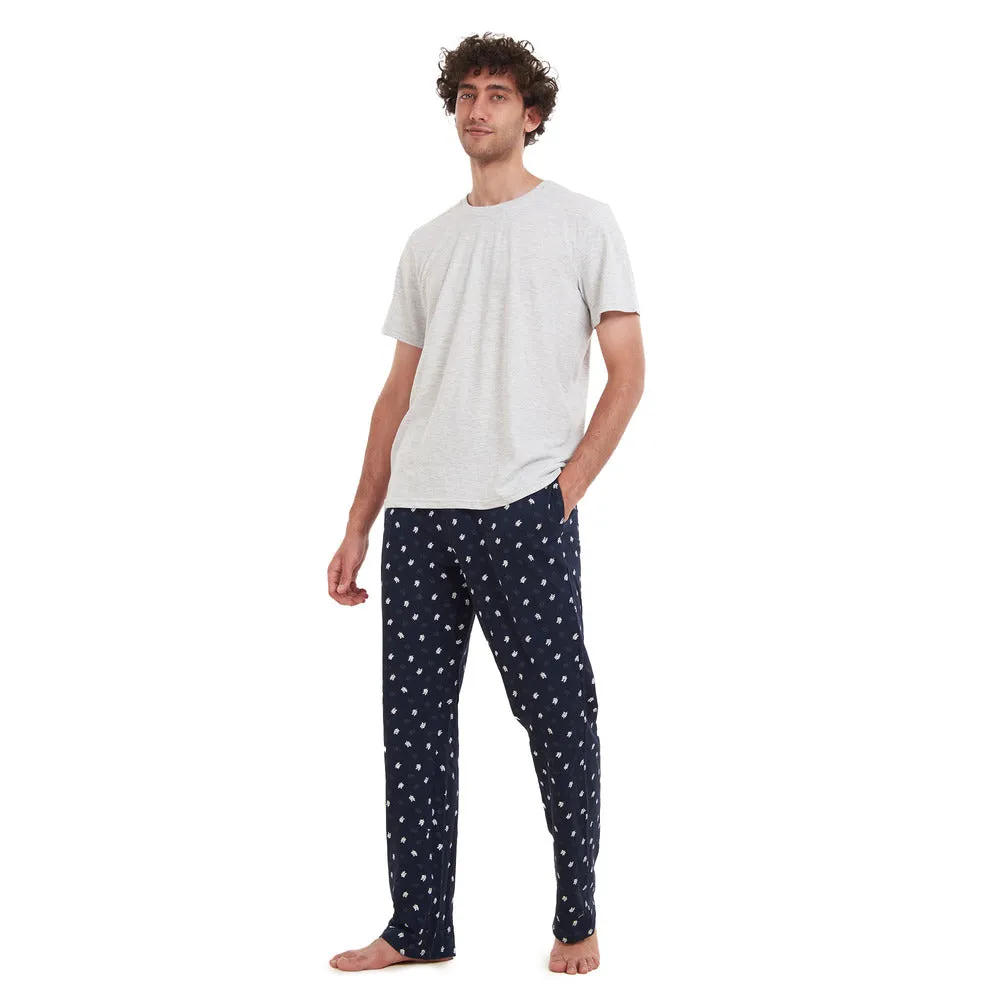 Men summer pajama set Light Grey T-shirt   Black Leaves pants