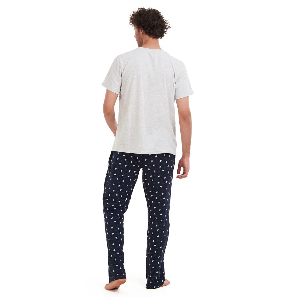 Men summer pajama set Light Grey T-shirt   Black Leaves pants