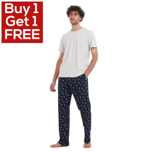 Men summer pajama set Light Grey T-shirt   Black Leaves pants