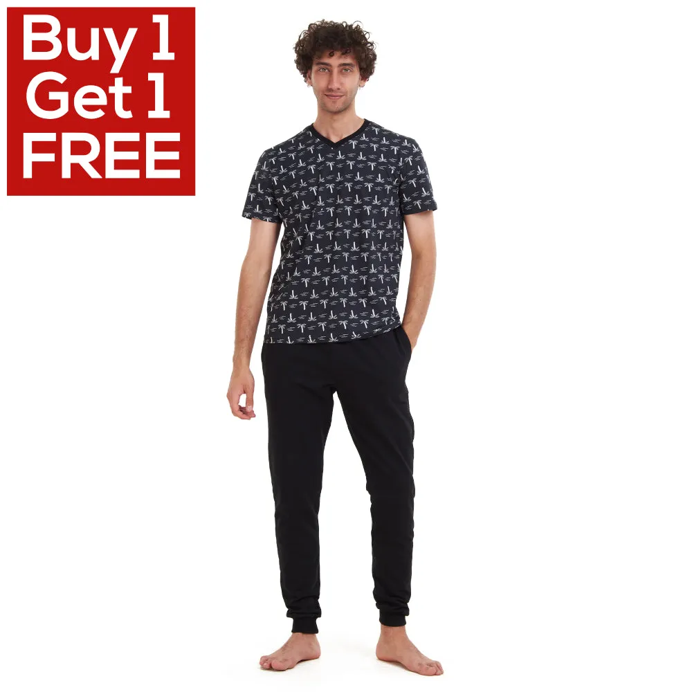 Men summer pajama set Palm Trees T-shirt   Black pants