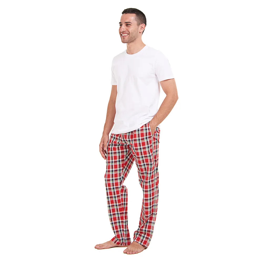 Men summer pajama set White T-shirt   Red x Dark blue checkered Pants