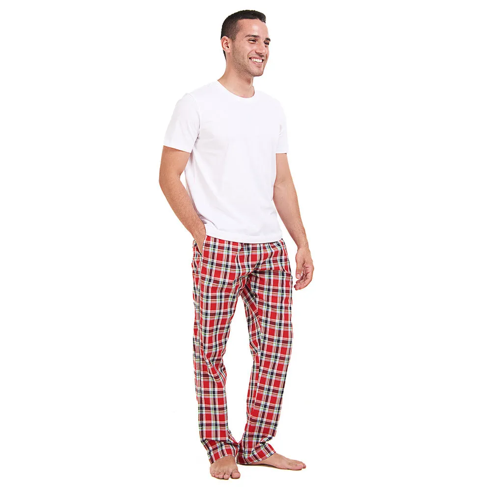 Men summer pajama set White T-shirt   Red x Dark blue checkered Pants