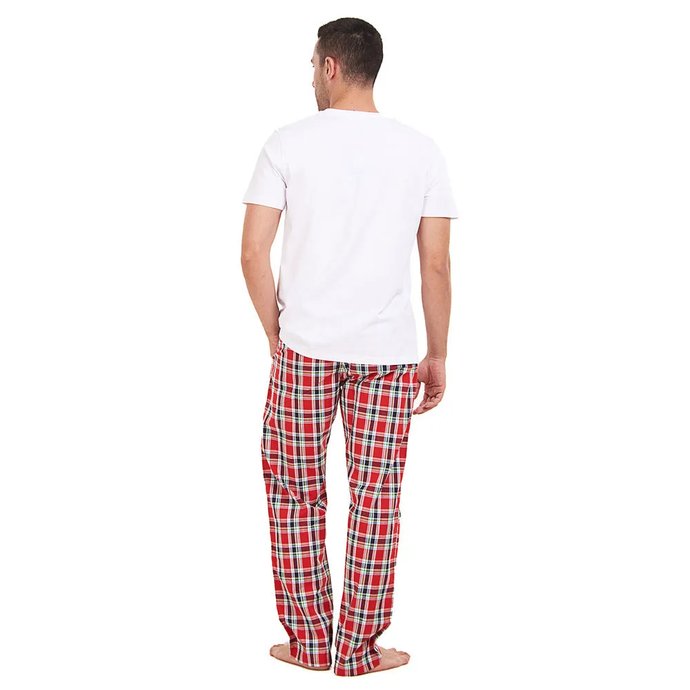 Men summer pajama set White T-shirt   Red x Dark blue checkered Pants