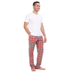 Men summer pajama set White T-shirt   Red x Dark blue checkered Pants