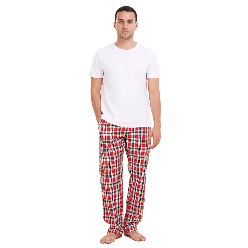 Men summer pajama set White T-shirt   Red x Dark blue checkered Pants