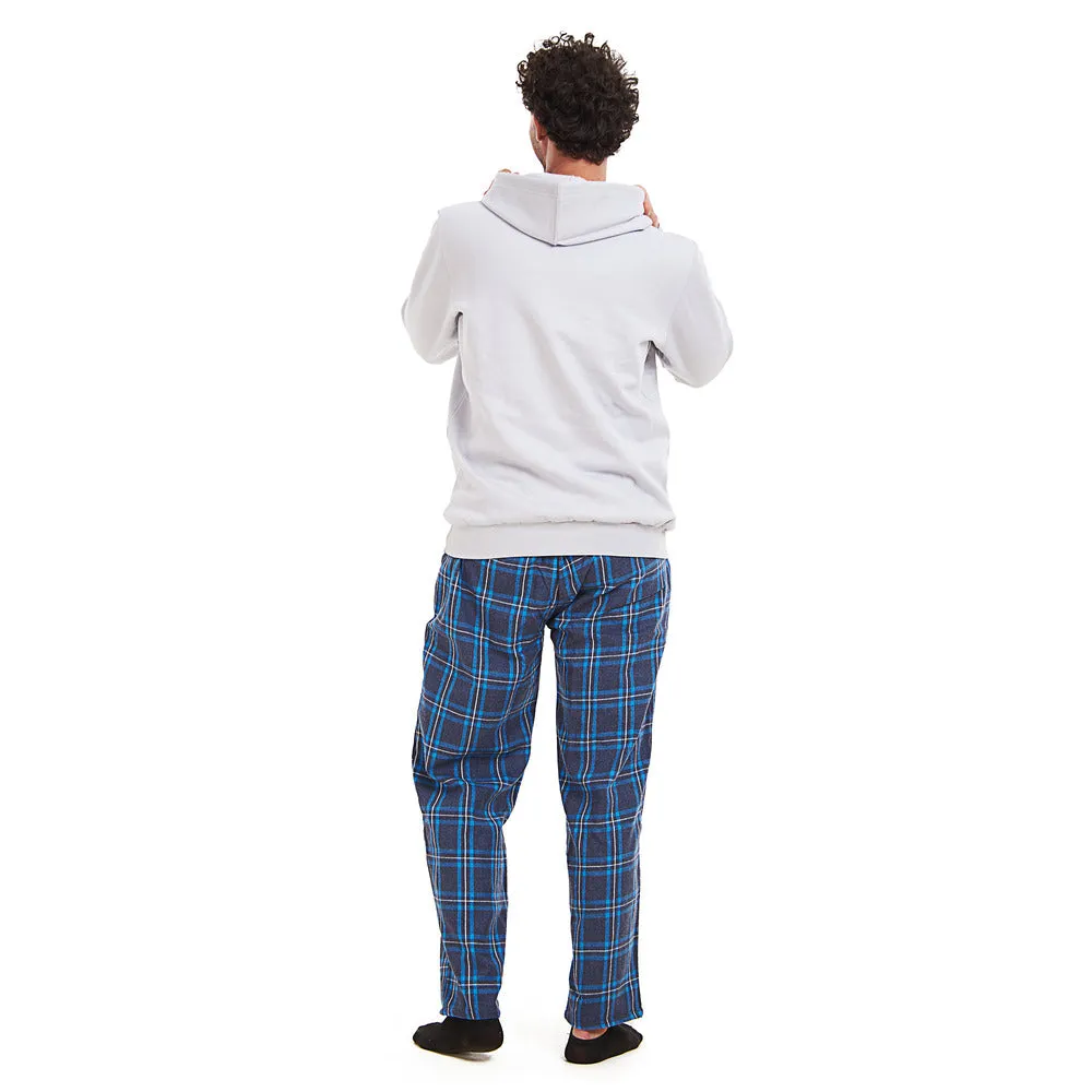 Men Winter Pajama Set Light Grey Hoodie   Turquoise x Dark Blue Checkered Pants