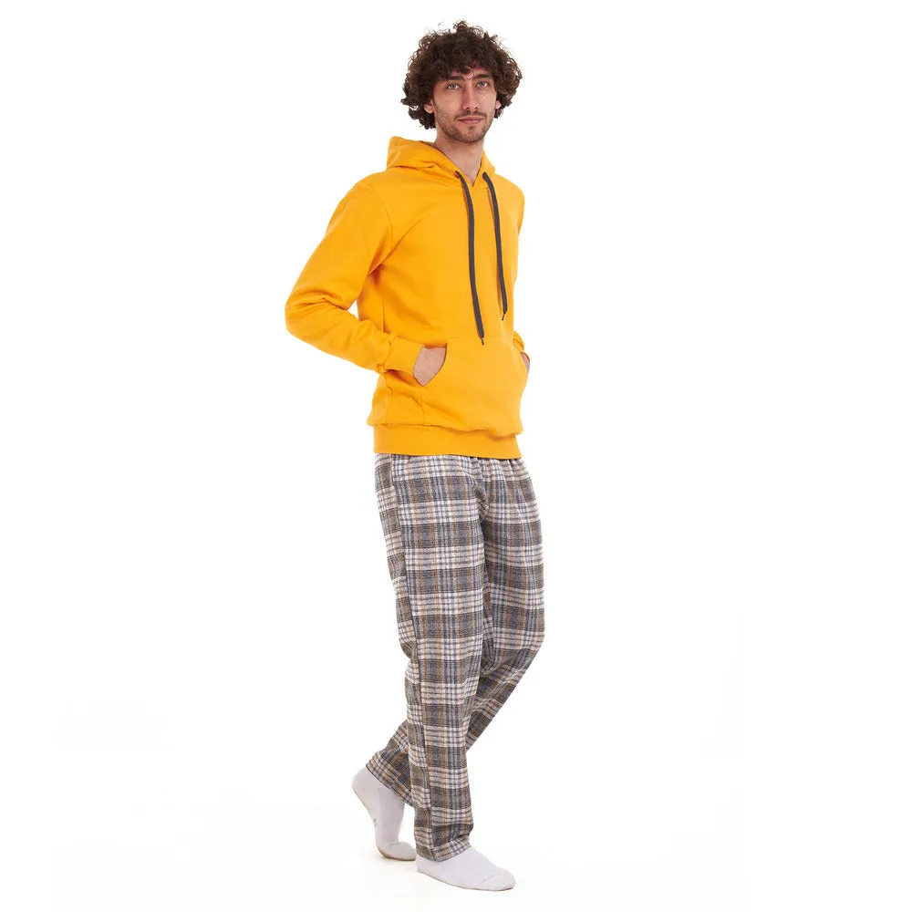 Men Winter Pajama Set Yellow sweatshirt   Yellow x grey checkered Pants