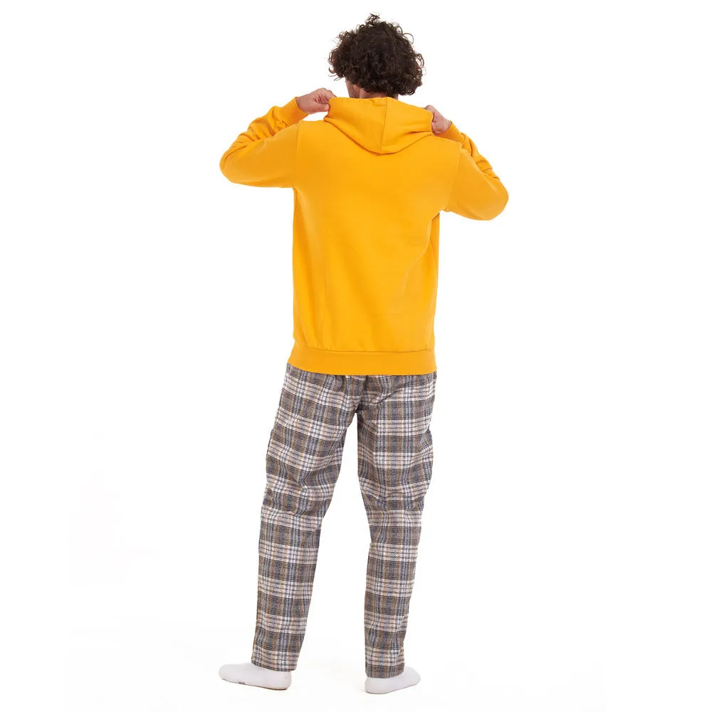 Men Winter Pajama Set Yellow sweatshirt   Yellow x grey checkered Pants