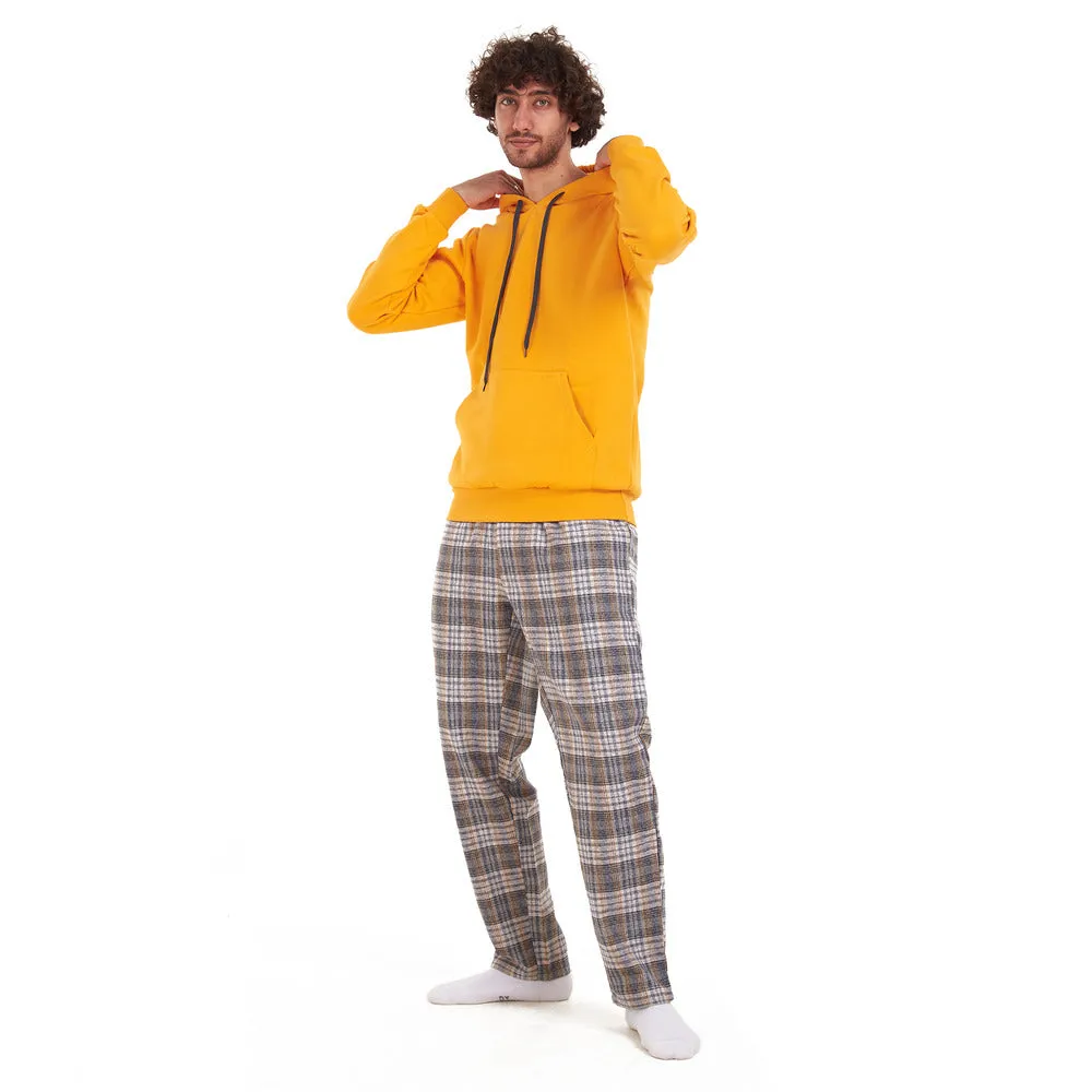 Men Winter Pajama Set Yellow sweatshirt   Yellow x grey checkered Pants