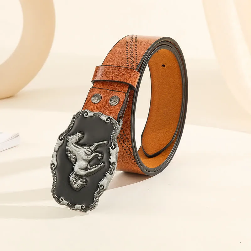 Men's Classical Silver Running Horse Buckle Leather Belt